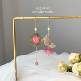 Lily pad and Lotus flower dangle earrings, water lily Lotus earrings, Lotus and fish Earrings, Pink Lotus Flowers on Lotus Leave